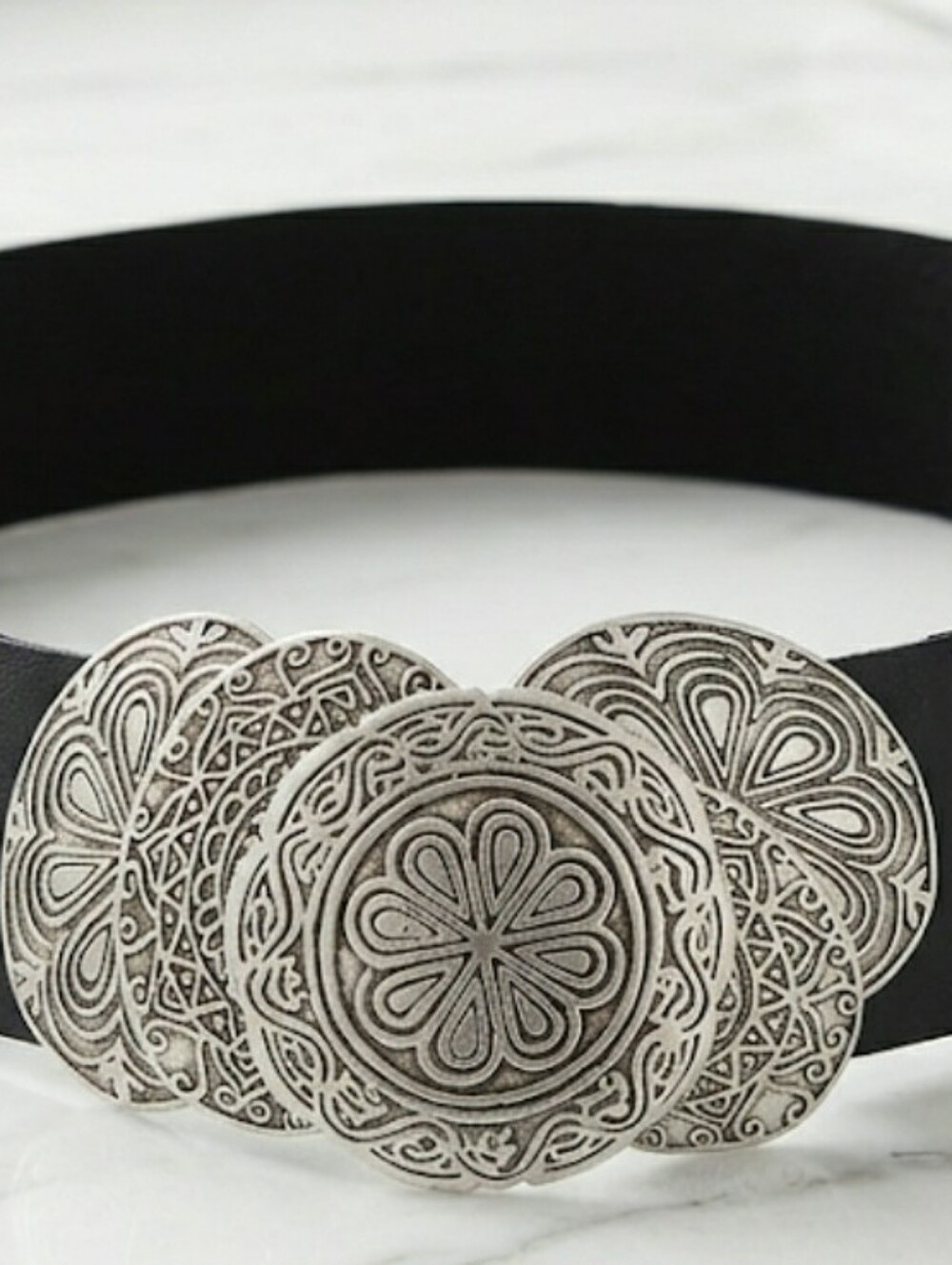 Vintage Belt Boho Western Silver Tone Medallion Carved Large Wide Elastic